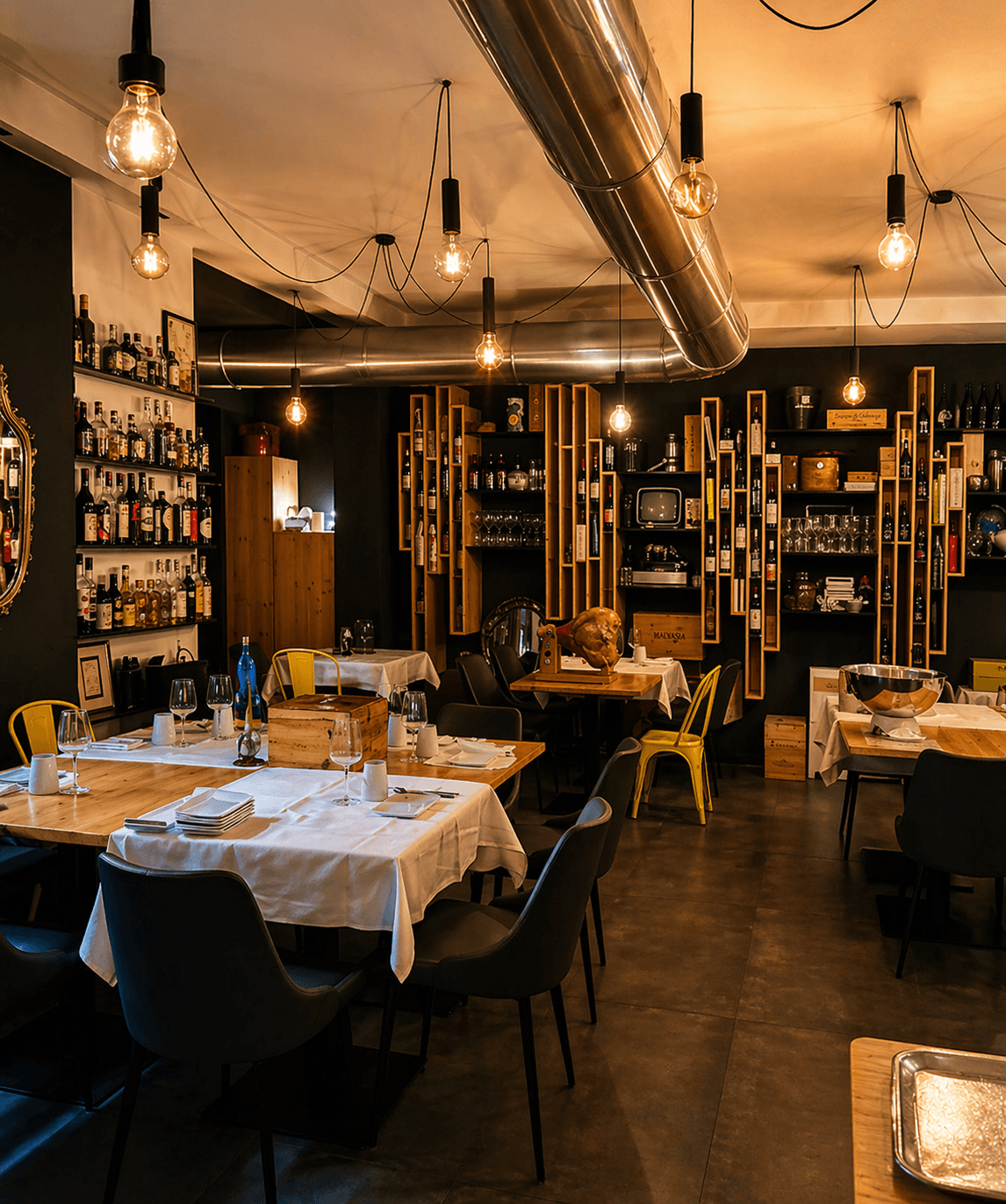 Interno di un ristorante con tavoli apparecchiati, scaffali di vino e illuminazione calda a sospensione.