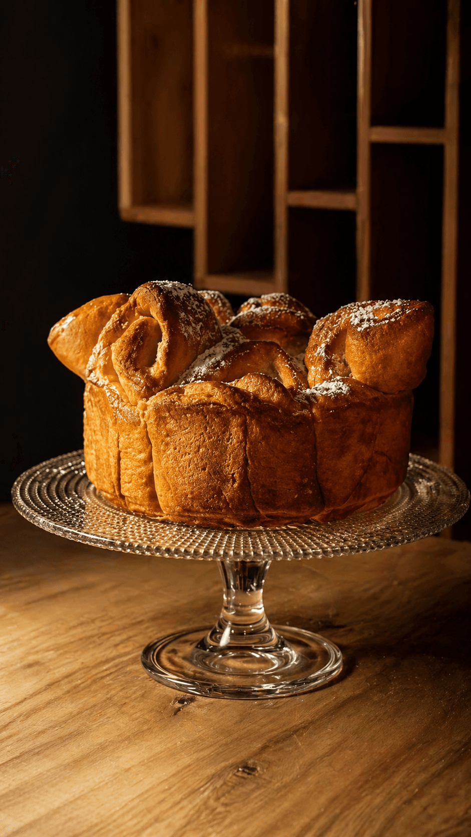 Brioche dorata spolverata di zucchero a velo su un'alzata di vetro in ambiente rustico.